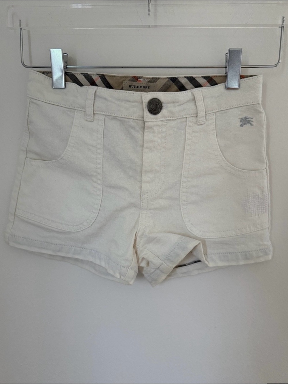 Burberry Girls White Denim Shorts Check Waist Logo 10Y 140cm
